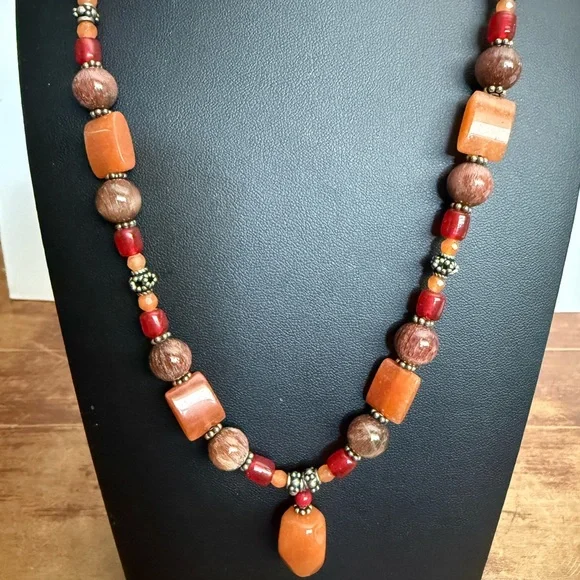 Bohemian Orange and Red Beaded Necklace - Picture 3 of 13